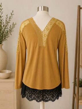 Free People Mustard Lace-Trim Long Sleeve Top - Women